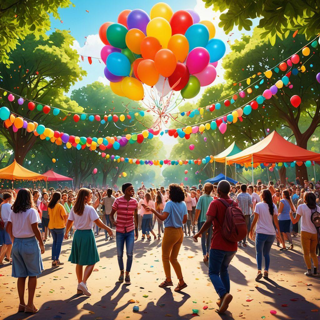 A vibrant community gathering in a colorful park, showcasing diverse groups of people engaging in joyful activities like dancing, playing games, and sharing stories. Bright balloons and streamers add to the festive atmosphere, while a backdrop of lush greenery creates a sense of connection with nature. A sense of inclusivity and happiness is highlighted by diverse individuals of all ages and backgrounds coming together. cartoon style. vibrant colors. cheerful ambiance.