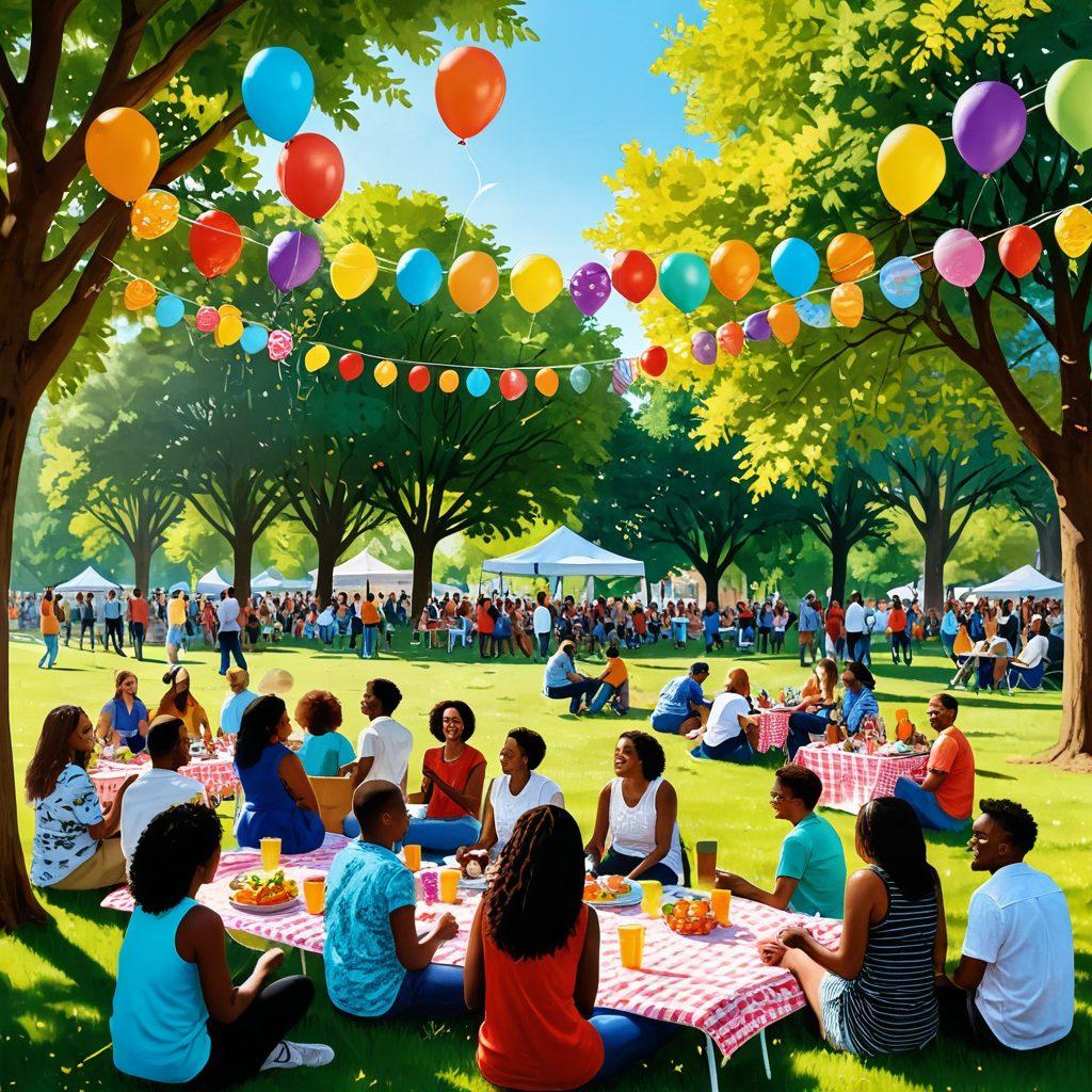 A vibrant scene depicting a diverse community gathered in a sunlit park, joyfully celebrating with colorful decorations and sharing food. People of various ages engage in lively conversations, laughter echoing in the air. Include elements like balloons, streamers, and a picnic setup, showcasing a sense of togetherness and happiness. The background features blooming flowers and trees, symbolizing growth and connection. bright colors. illustration style.