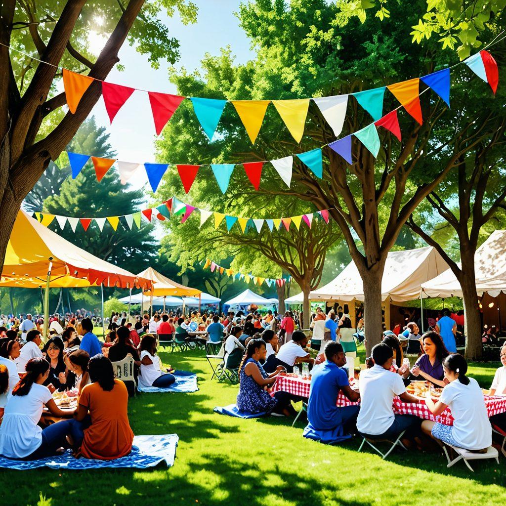 A vibrant community gathering in a sunlit park, showcasing diverse people enjoying activities together like cooking, dancing, and sharing stories. The scene radiates joy with colorful banners, picnic setups, and children playing, emphasizing the importance of connection and togetherness. Lush greenery surrounds them, symbolizing growth and harmony. super-realistic. warm colors. bright natural lighting.